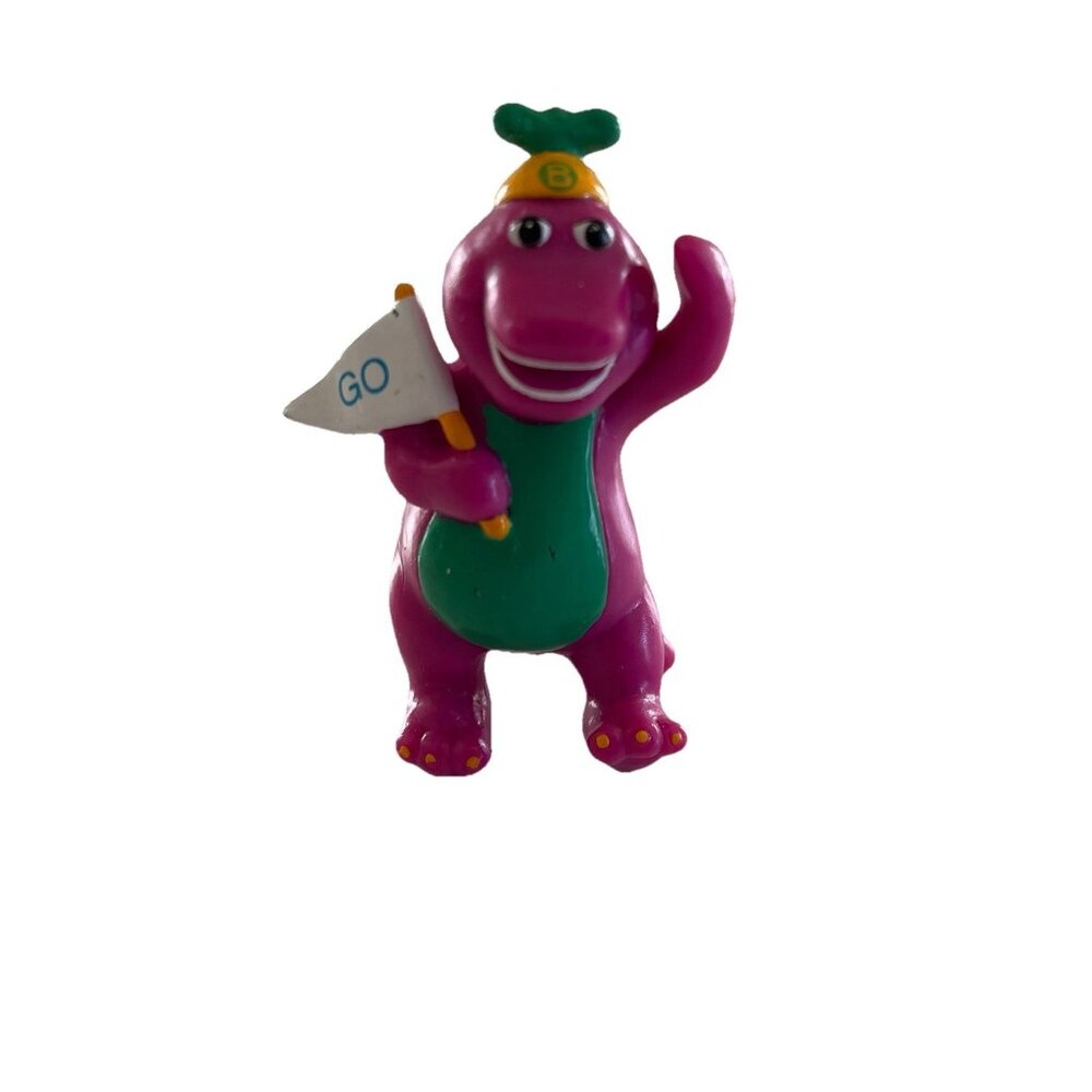 Vintage 1993 Barney The Dinosaur Figure Toy Cake Topper Holding Go Flag  PVC